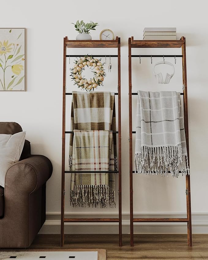 Blanket Ladder Shelf, Decorative Quilt Rack,6-Tier Farmhouse Ladder Holder Organizer with 4 Removable Hooks, Rustic Brown BR35801B