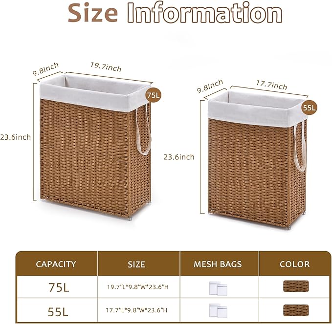 Slim Wicker Laundry Hamper, 55L Handwoven Rattan Basket with Handles, Narrow Laundry Basket with Removable Liner Bag & 2 Mesh Bags