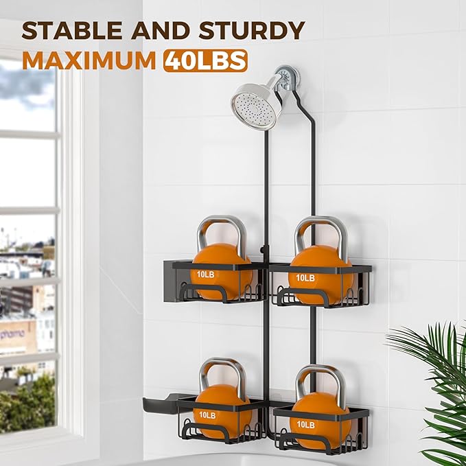 REINHARDT Shower Caddy Hanging for Handheld Showerheads Adjustable Split Shower Caddy, Rustproof Shower Organizer with Hooks for Razors Over the Head Caddy with Soap Holder Bathroom Accessories, Black