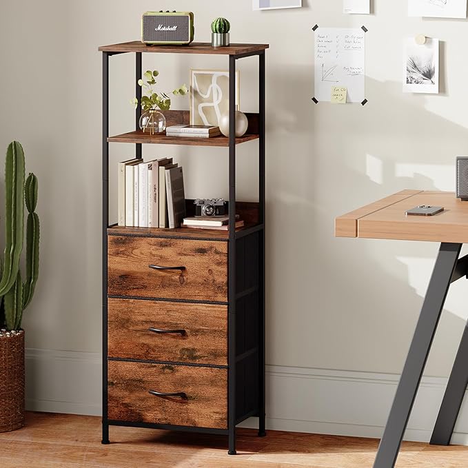 Somdot 3 Tier Bookshelf with Drawer, Tall Bookcase with Shelves, Bookshelf Desktop Organizer, Display Standing Shelf Units for Living Room, Bedroom, Study Room, Wood Grain Print