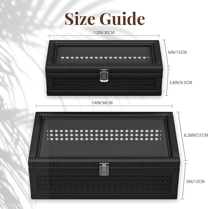 Rattan Decorative Box,Boho Display Boxes with Lids,Set of 2 Rectangular Wicker Storage Decoration,Natural Woven Cane Bins for Home Decor for Rustic Farmhouse(Black)