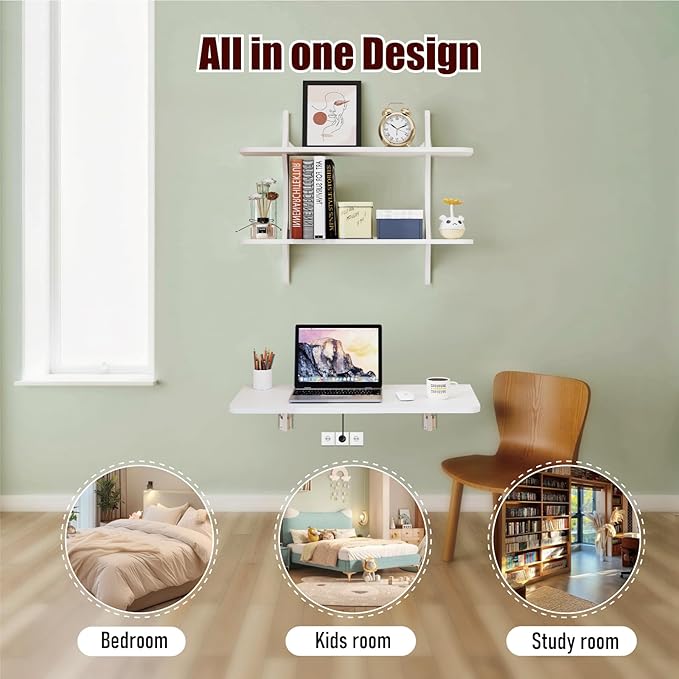 Pmnianhua Wall Mounted Folding Table, 31'' Floating Laptop Desk with Shelves, Foldable Drop Leaf Table, Wall Mount Fold Down Table for Laundry Room Kitchen Bar Home Office Small Space(White)