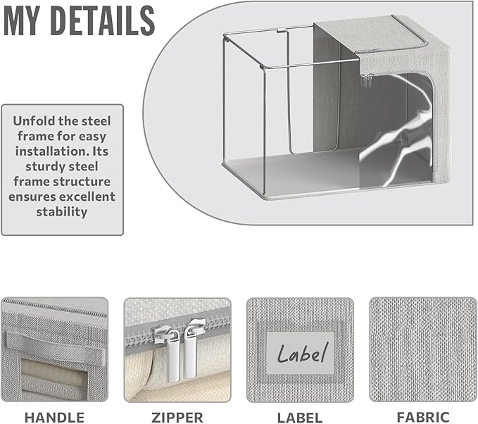 4 Pack Clothes Storage Bins with Metal Frame - 36L Stackable Storage Box with Lid，Foldable Storage Container Organizer for Clothes，Linen Fabric Storage Box with Clear Window＆Zippers＆Handles