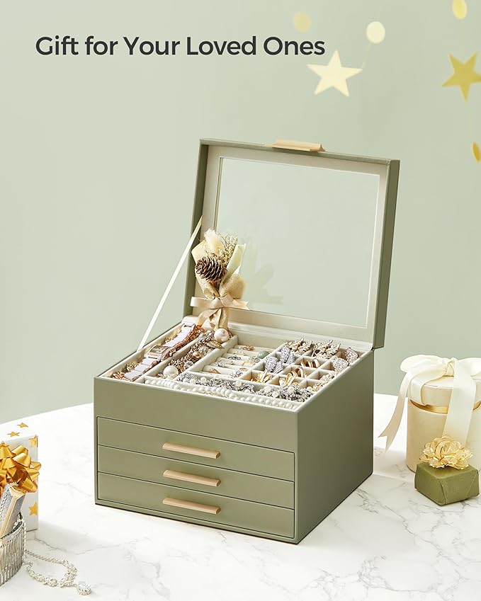 SONGMICS Jewelry Box Organizer with Glass Lid, 4-Layer Jewelry Storage, with 3 Drawers, Modern Style, Christmas Gift, 8 x 9.1 x 6.5 Inches, Avocado Green and Gold Color UJBC173C02