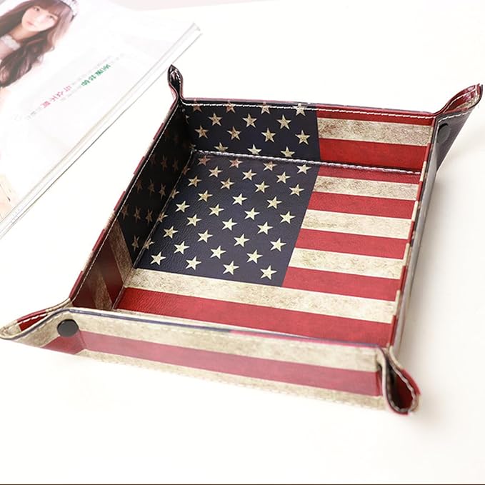 siduater Valet Tray Desktop Storage Organizer, Vegan Leather Catchall Bedside Vanity Tray Nightstand Caddy Holder for Remote Controller, Watch, Keys, Phone, Wallet, Sunglasses, Jewelry - Flag