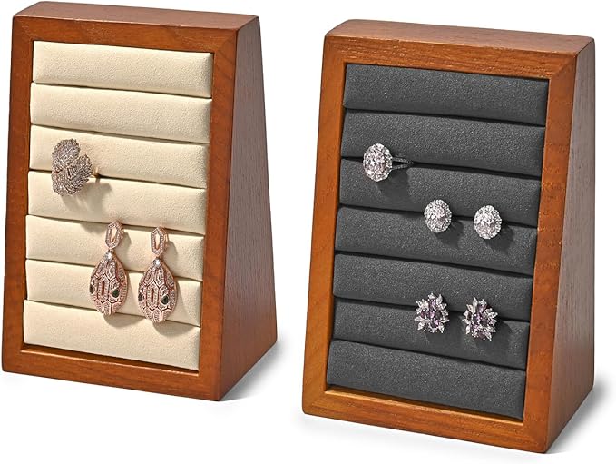 Oirlv Solid Wood Ring Tray Display Stand Slotted Jewelry Ring Showcase Display Jewelry Organizer Jewelry Holder for Trade Showcase(grey)