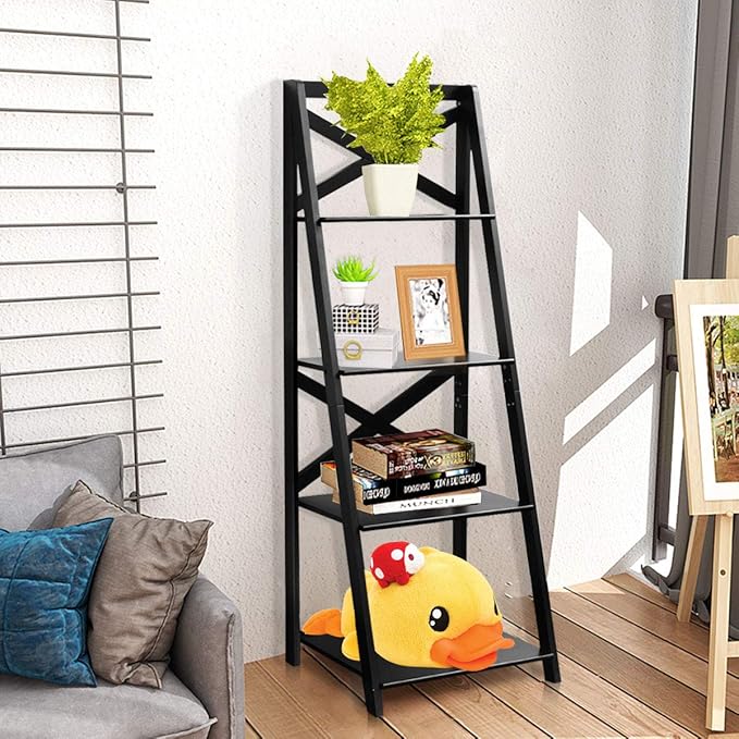 Tangkula 4-Tier Ladder Shelf Bookcase Leaning Free Standing Wooden Frame Decor Bookshelf Storage Flower Shelf Plant Display Shelf for Home Office (1, Black)