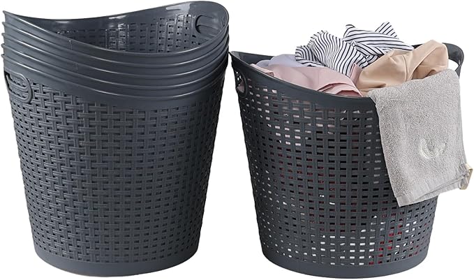 6 Packs 30 Liter Round Plastic Laundry Baskets, Grey Clothes Hamper, Large Basket for Storage