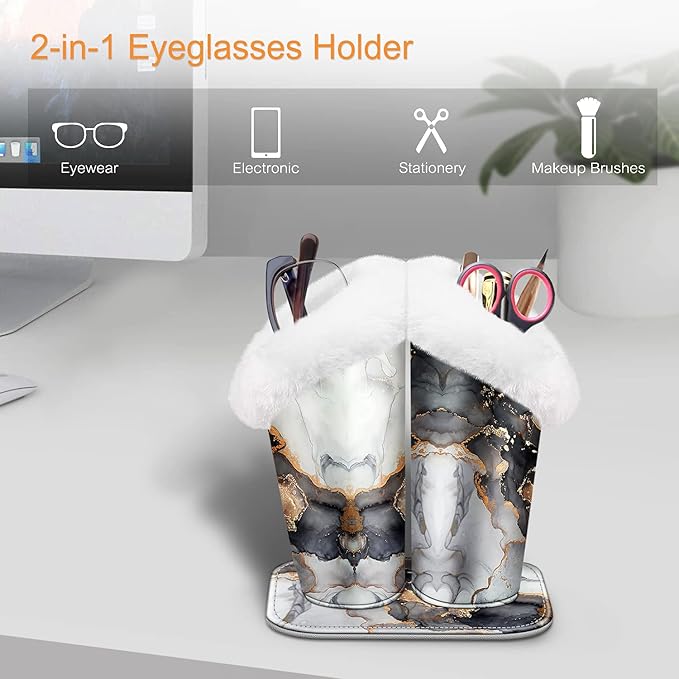 Fintie Plush Lined Double Eyeglasses Holder with Magnetic Base, Glasses Stand Case Organizer for Desk, Nightstand, Office, Cloudy Marble