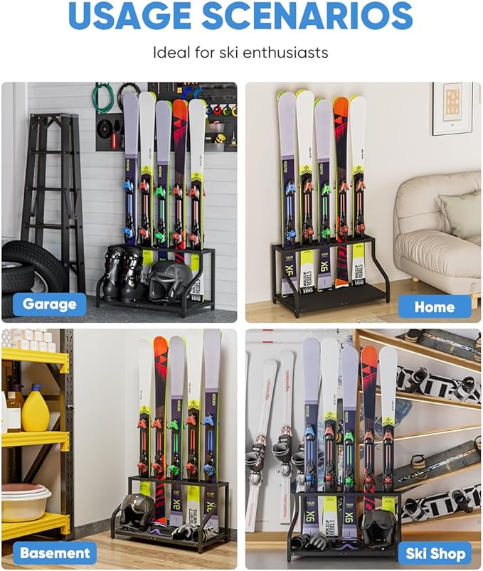 Ski Storage Rack for Garage — Freestanding Ski Holder for 5 Pair Skis, Helmet, Goggles, gloves, Indoor Snowboard Rack Organizer Stand for Home, Shed, Basement, Black