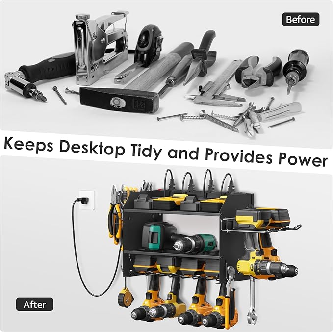 CCCEI Modular Power Tool Organizer Wall Mount Charging Station, Black 6 Drills Holder with 8 Plug Power Strip, Garage Drill Battery Heavy Duty Metal Shelf, Utility Rack with Hooks, Side Storage.