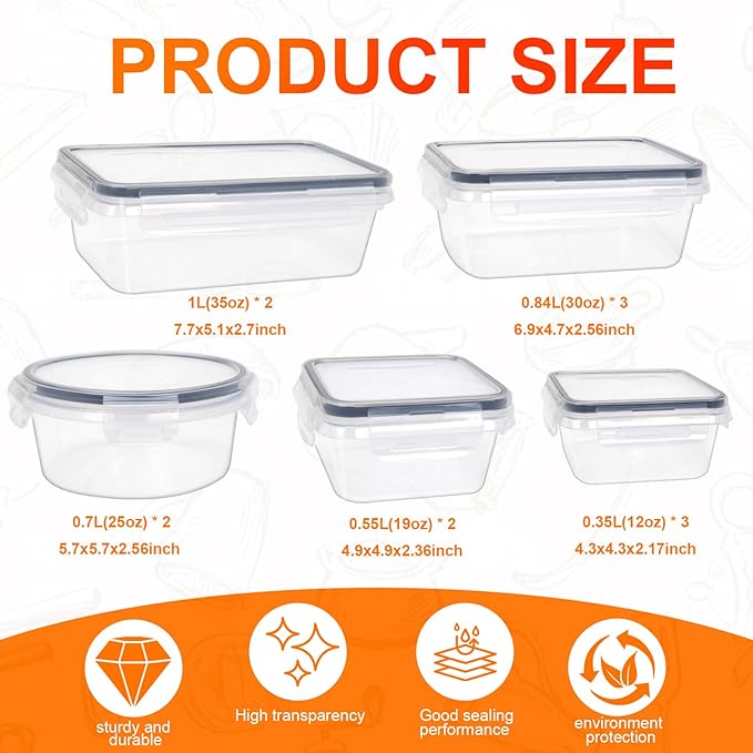 24Piece Food Storage Container with Lids (12 Containers + 12 Lids)，plastic sealed food storage box，Suitable for the storage and organization of food in the kitchen，BPA Free Storage Containers