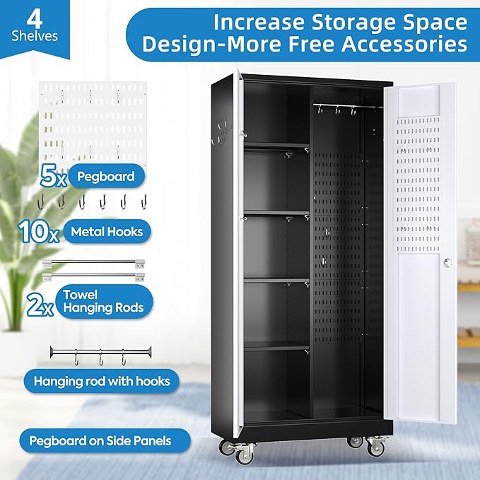 SUXXAN Broom Closet Storage Cabinet, Metal Cabinets with 13 Hooks and Hanging Rods, 71" Metal Storage Cabinet, Heavy Duty Cleaning Cabinet for Garage, Laundry Room