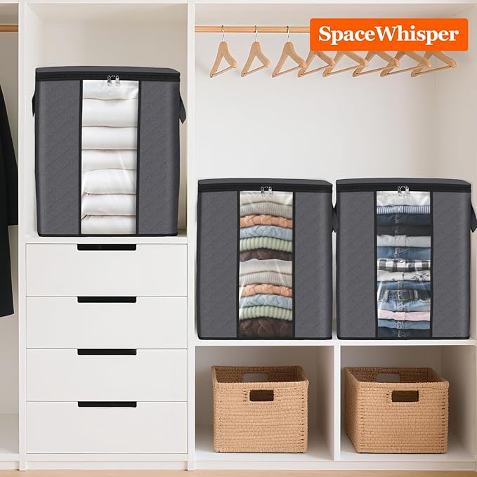 SpaceWhisper 6 Pack 100L Clothes Storage, Foldable Thick Fabric Blanket Storage Bags, Containers for Organizing Bedroom, Closet, Clothing, Comforter,Closet Organization with Handle,Grey