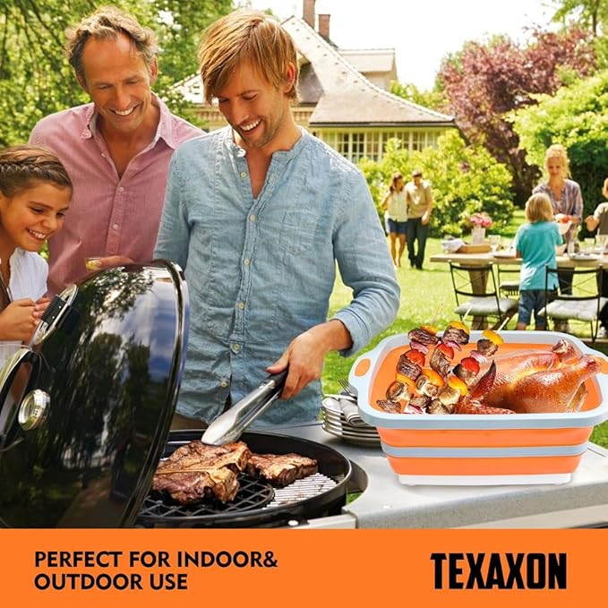 8L/16L BBQ Prep Tub with Cutting Board, Lid & Complimentary Mitts/Gloves – Collapsible Bucket for BBQ, Marinade, Picnic, Camping, Meat Prep – Orange/Black (Orange, Large)