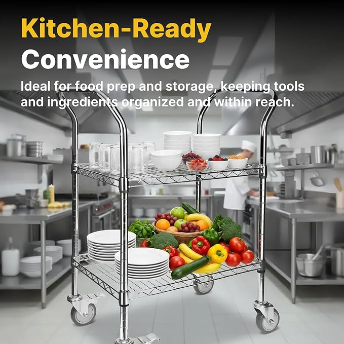 Northsky 2-Shelf Wire Utility Cart on Wheels, Chrome Finish Rolling Metal Shelving with Wheels, 550lb Capacity, 24" x 18" x 38", 2 Tier Rolling Cart for Kitchen Bar Storage Use