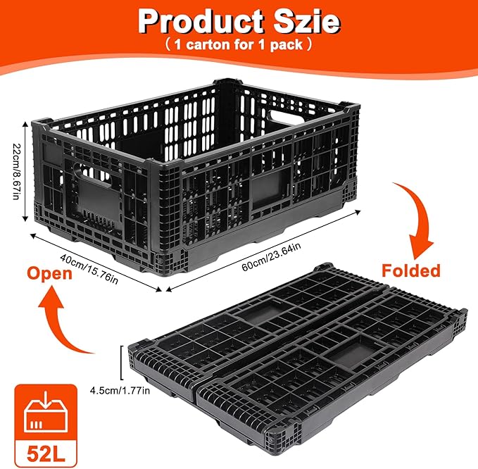 Collapsible Milk Crates for Storage, 52L Storage Crates, Heavy Duty Milk Crate, Plastic Storage Bins Containers for Organizing, Grocery & Camping, (1 pack) (23.64" W x 15.76" L x 8.67" H)