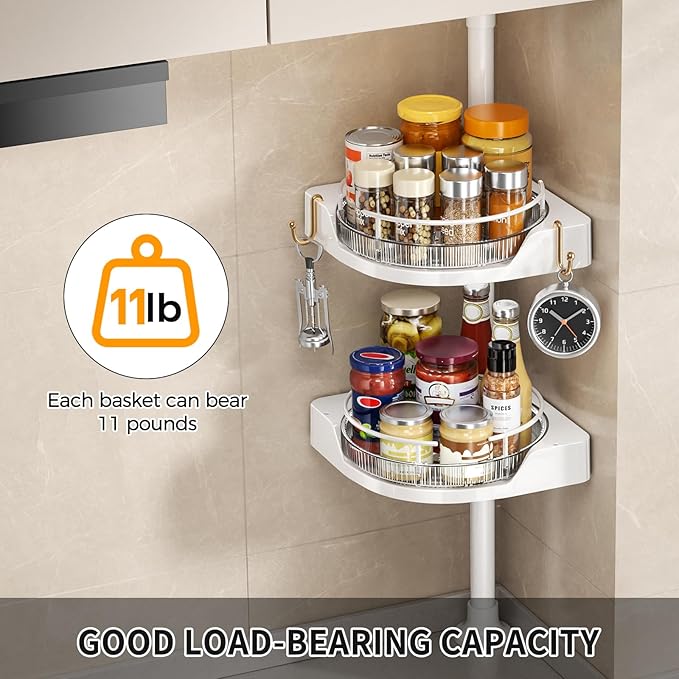 Standing Spice Rack Organizer, Counter Corner Double Tier Lazy Susan, Height Adjustable 360 Rotating Storage Rack with Hooks for Kitchen & Bathroom Corners (White)