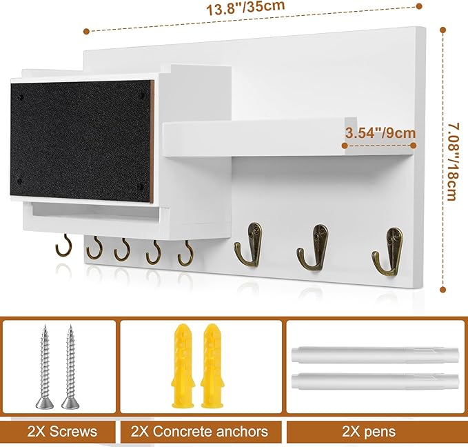 Decorative Key Hanging Rack with 8 Hooks – Easy Install Natural Wooden Key and Mail Holder for Wall Mount – Sunglasses Wallet Holder Entryway Decor with Shelf and Chalkboard (White)