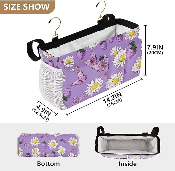 Purple Cute Daisy Butterflies Strawberry Bedside Caddy for Dorm Bed Bedside Hanging Caddy Bag Iron Frame Storage Organizer Pocket for Bunk Home College Hospital Beds 2 Hooks