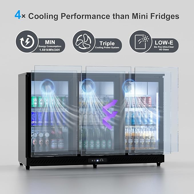 COTLIN 11.45 Cu.Ft Back Bar Beverage Cooler with Low-E Glass Auto Defrost – 3 Door Commercial Under Counter Fridge for Beer, Soda, Wine– Triple Fan Cooling, ETL NSF Approved