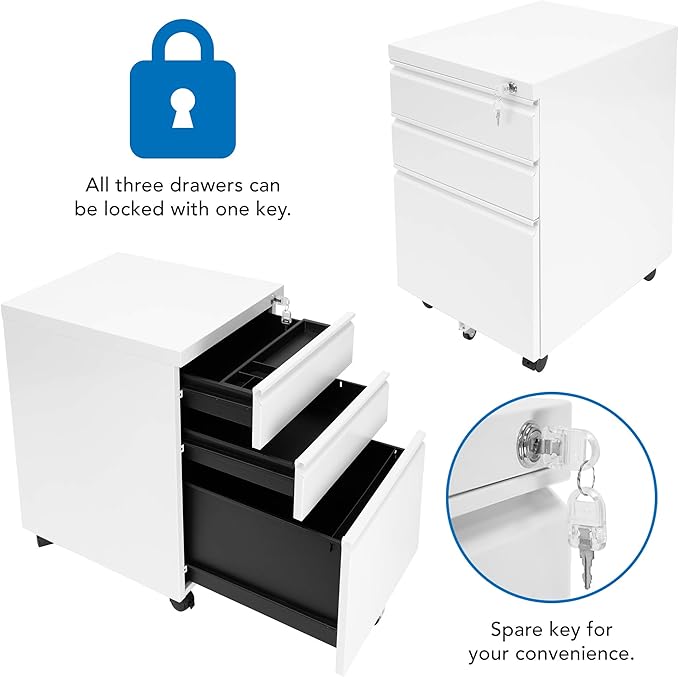 Mount-It! 3 Drawer Cabinet for Under Desk with Wheels | Rolling Storage with Lock for Supplies, Files, and Materials, Mobile Space Saving for Home and Office (White)