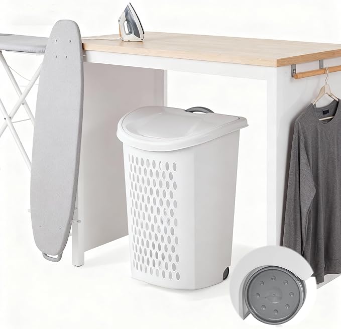 Large Capacity Laundry Basket with Wheels and Telescopic Handle - Ventilation Holes for Freshness - Portable Laundry Hamper for Apartments Dorm Rooms - White