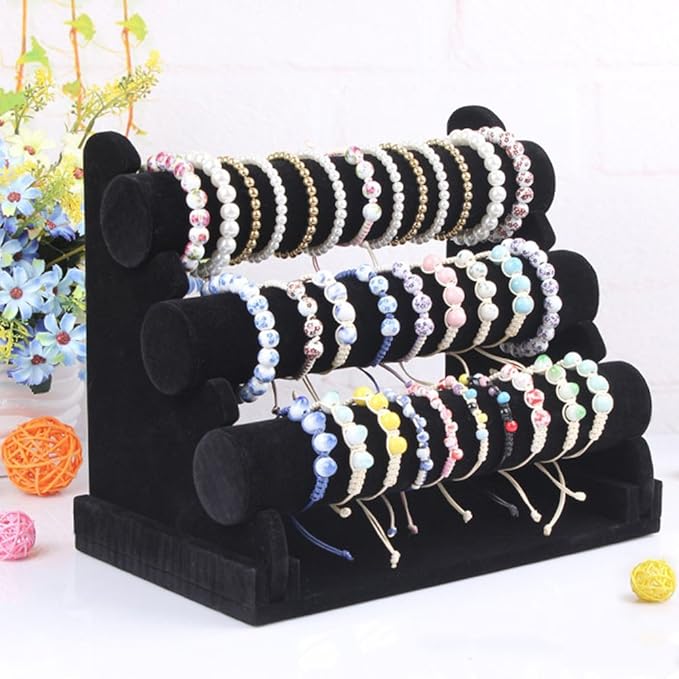 Wudygirl Bracelet Holder Velvet 3 Tier Jewelry Display Stand Storage Watch Bangle Necklace Organizer Showcase(3 Tier)