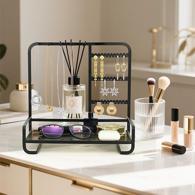 Jewelry Holder, Jewelry Organizer Display Holder with Metal Frame, Jewlery Stand with Metal Frame and Wooden Base, Display With Storage Bottom Plate for Earrings for Necklace Bracelet Earring Ring