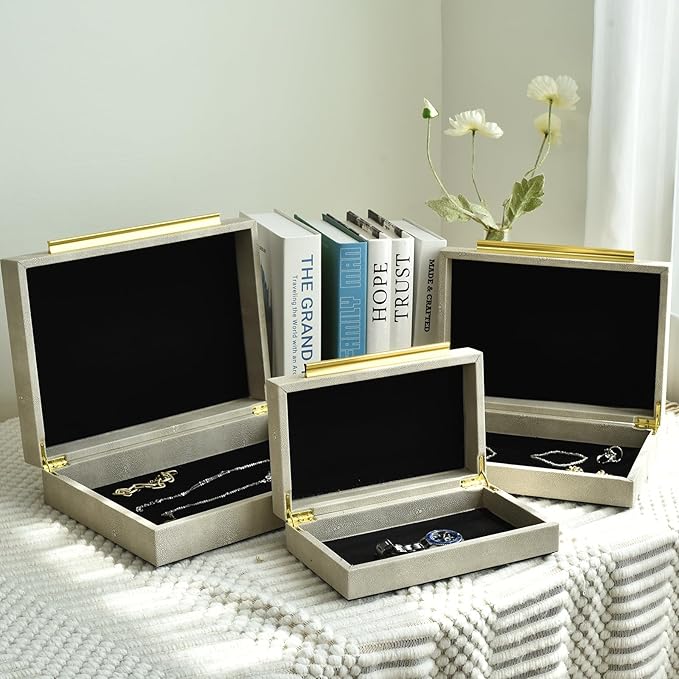 Faux Shagreen Leather Jewelry Storage Boxes Set of 3 with Gold Handles, Velvet Lined Stackable Organizer for Women, Vanity, Dresser, Gift, White