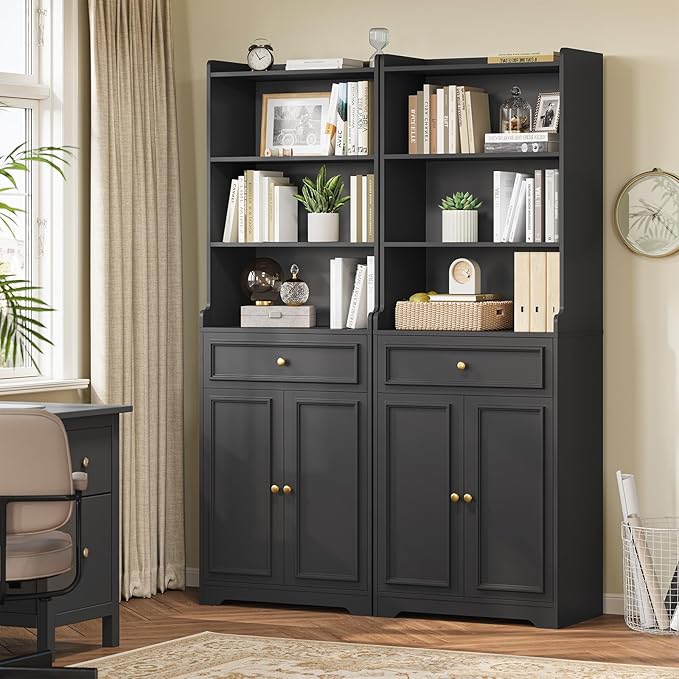 DICTAC Bookcase with Drawers and Doors 73.23'' Tall Bookshelf with Open Shelves Black Freestanding Kitchen Pantry with Microwave Stand Storage Cabinet Organizer for Living Room,Study,Bathroom,Office