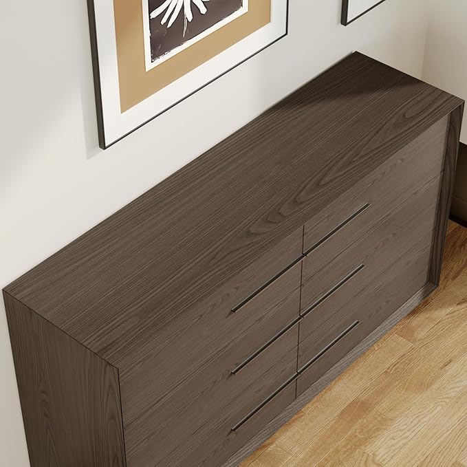 Bedside Table with 6 Drawers, Modern Side Table, Wide Nightstand, Wooden Bed Side Tables, Wood Grain Floor Storage Organizer with Metal Handles for Sofa Couch Bedroom, Dark Brown