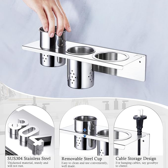 Hair Tool Organizer, Blow Dryer Holder Wall Mounted, Hot Tools Holder Storage for Brush, Hair Dryer, Straighteners, Curling Iron Holder Stainless Steel, Hair Styling Tools Organizer with 2 Cups