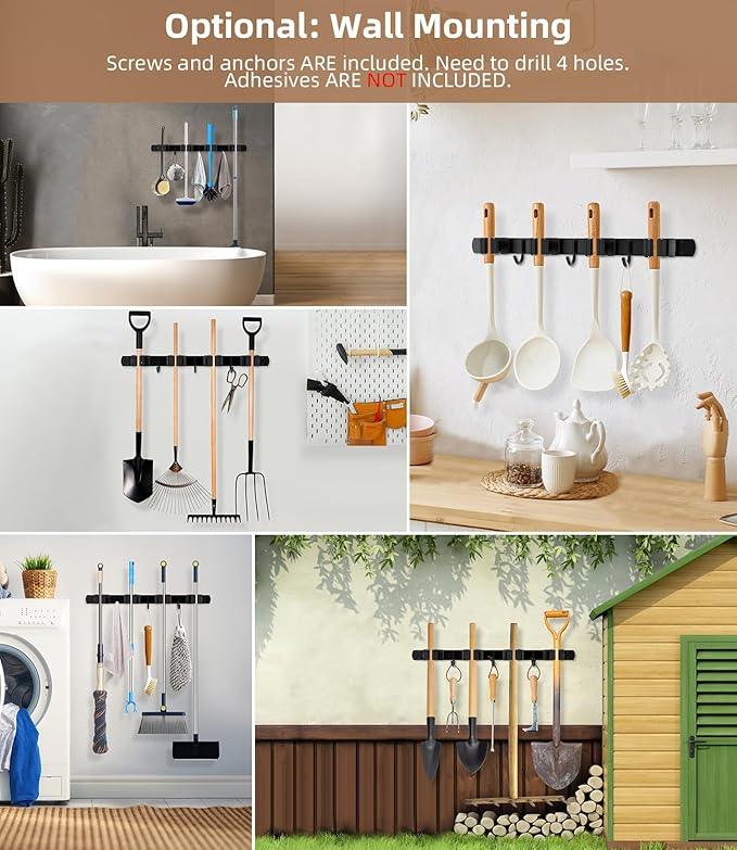 Broom Holder Over The Door - 304 Stainless Steel Mop and Broom Holder Wall Mounted or Hanging Over The Door with Hooks - Broom Hanger, Broom Storage Tool Organizer for Garage Closet Laundry