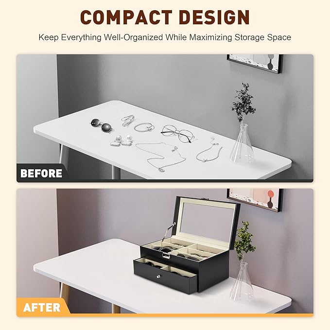 CO-Z Sunglasses Organizer with 12 Slots, Multiple Eyeglasses Eyewear Display Case for Women Men, 2 Story Leather Multi Sunglasses Jewelry Collection Holder with Drawer