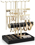 Vlando 3 Tier Jewelry Stand Organizer with Tary, Leather Jewelry Holder Display for Women, Gold Jewlery Holder Display for Necklace, Earring, Bracelet, Rings - Black