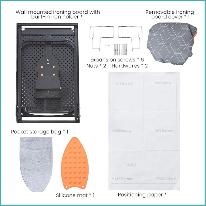 Wall Mounted Ironing Board with Iron Holder, 42 X 14 Compact Mount Foldable Ironing Board for Small Spaces, Space Saving with Cotton Fabric Cover and Silicone Iron Rest