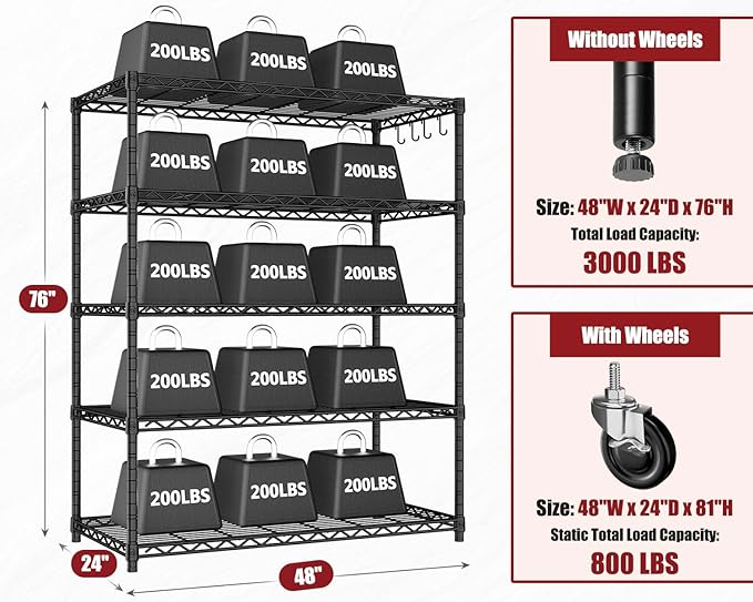 PrimeZone 48" W x 24" D x 81" H Heavy Duty Wire Storage Shelves with Wheels, 5 Tier Adjustable NSF Certified Garage Shelving Unit, Rolling Metal Organizer Shelf Utility Rack for Warehouse, Pantry