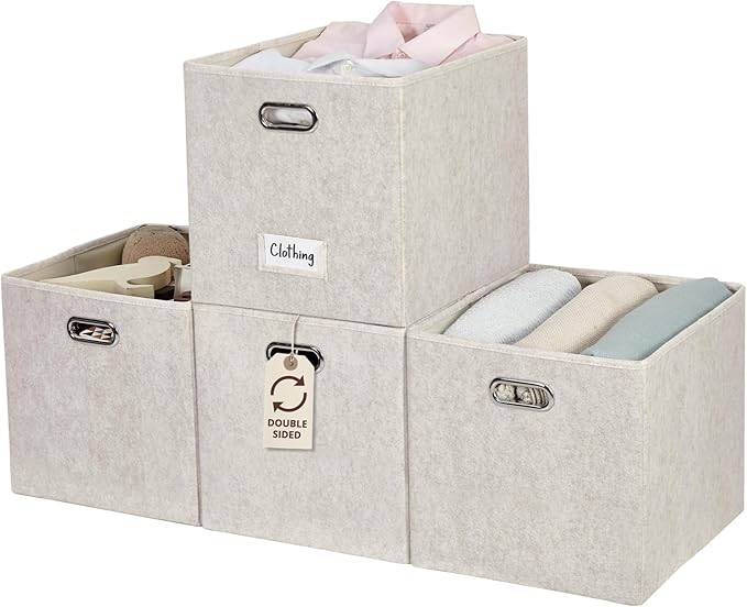 DECOMOMO Felt Storage Bins 13x15x13 Storage Cube Bins with Labels, Baskets for Organizing Shelves (Kallax / 4pcs, Beige)