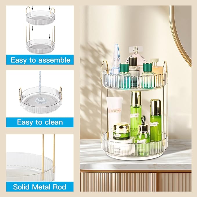 360 Rotating Makeup Organizer - Large Capacity Spinning Perfume & Cosmetic Skincare Holder for Countertop (Pearl White, 2 Tier)