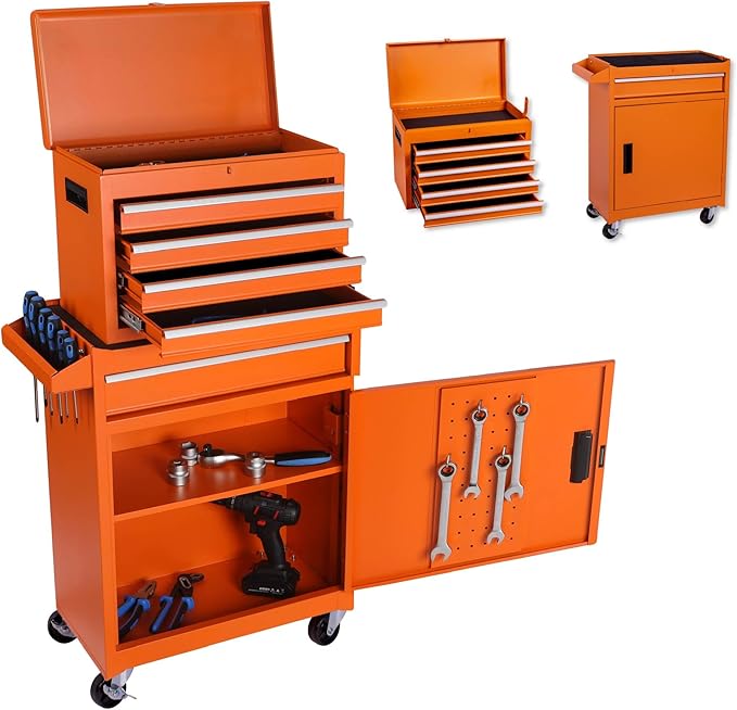 Tool Chest, 5-Drawer Rolling Tool Storage Cabinet with 2 in 1 Detachable Top Tool Box, Liner, Lockable Wheels, Side Hooks,Metal Tool Cart for Garage (5-Drawer Orange)