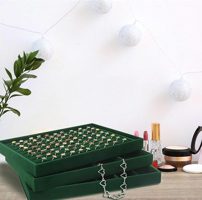Rocutus Jewelry Trays,3 Pack Stackable Velvet Jewelry Organizer Tray Drawer Jewelry Storage Tray,Divided Ring Organizer Tray for Earrings, Necklaces, Bracelets,13.8"x9.5"x1.2" (Dark Green)