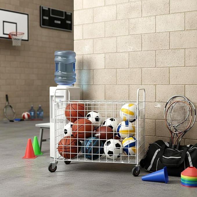 MyGift Professional Gym Metal Multi Sports Ball Storage Cart with Jumbo Industrial Wheels, Commercial Grade Portable Equipment Locker Cage for Basketball, Football, Soccer, Volleyball