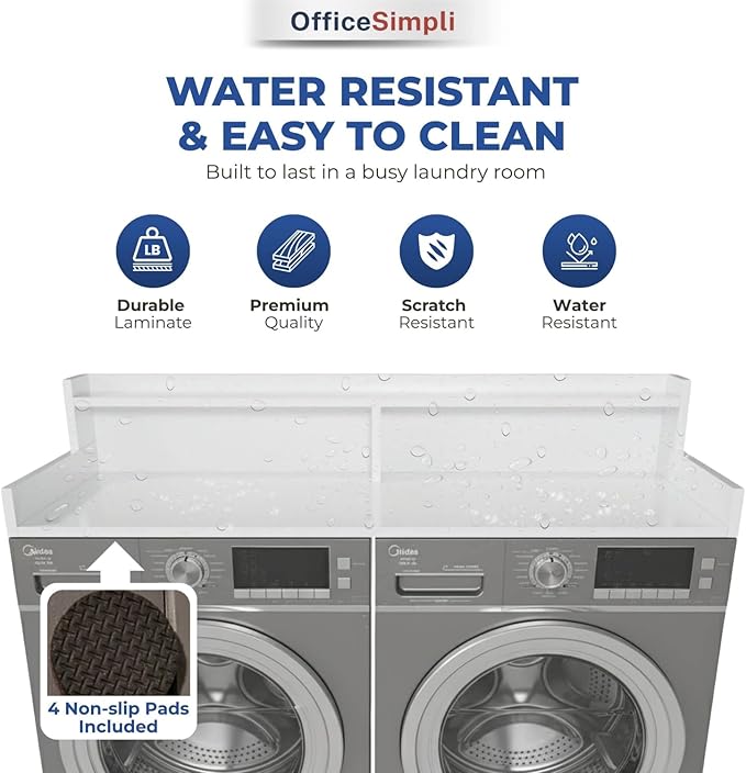 OfficeSimpli Washer Dryer Countertop with Shelf - 27.5 x 54 Inch - Made in USA Laundry Countertop Over Washer and Dryer with Non-Slip Pads, Storage Shelf, Laundry Topper Organizer, Gracier White