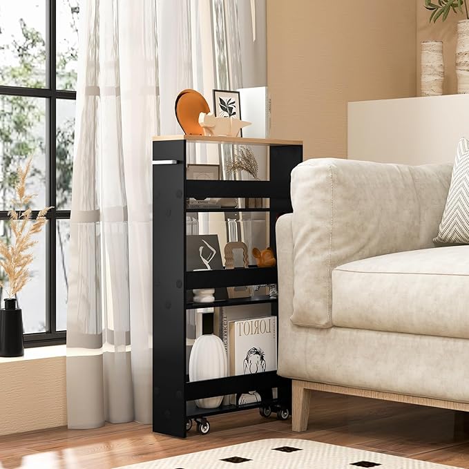 Slim Rolling Storage Cart, 4 Tier Narrow Kitchen Cart with Wheels, Between Washer and Dryer Cart, Wood Shelving Unit Organizer w/Handle for Small Spaces (Black, 5-Inch)