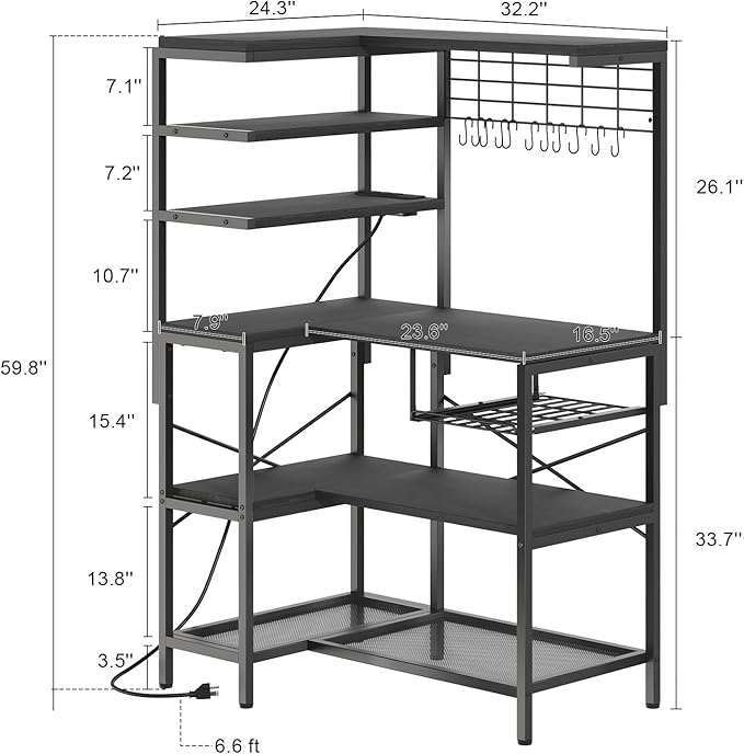 L-Shaped Bakers Rack with Power Outlet, 6-Tier Microwave Stand with Open Storage, Coffee Bar with Hooks, Mesh Grid, Kitchen Shelf with Wire Basket, Black