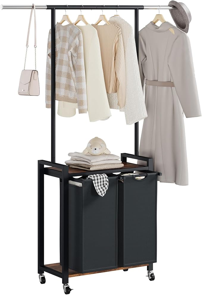 GarveeHome Rolling Laundry Cart with Hanging Rack & Utility Shelf | 2-Section Laundry Sorter Hamper with Lockable Wheels | Laundry Basket Organizer for Laundry Room, Bedroom, Bathroom | Black
