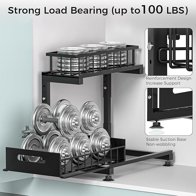 Under Sink Organizer, 2-Tier Pull Out Cabinet Drawer with Adjustable Height 13.7-17.1", Kitchen Bathroom Storage Rack, Heavy Duty Metal Sliding Basket Shelf
