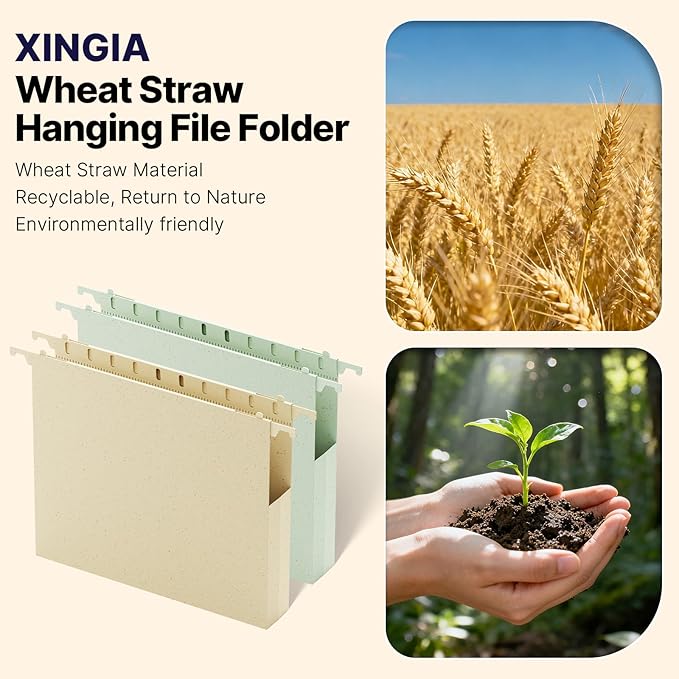 Wheat Straw Plastic Hanging File Folder Letter Size, 12 Pack Extra Capacity Hang Folders with Tabs for Filing Cabinet, Heavy Duty 1" Pastel Expanding Pocket for File Frame Box, File Organizer