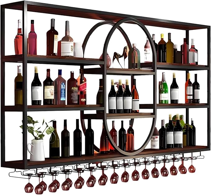 Large Wall Mount Wine Rack, Metal 4 Tier Large Capacity Hanging Bar Rack with Wine Glass Holder, Oval Wine Bottle Storage Display Rack for Kitchen, Living Room, Home (H, 71in)